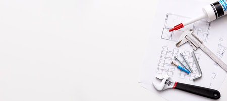 Repair tools on white background with copy space, top viewの写真素材