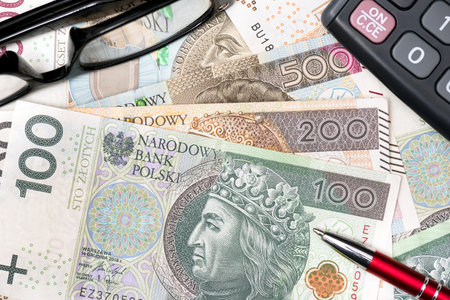 Polish banknotes, Polish money, PLN currency backgroundの写真素材