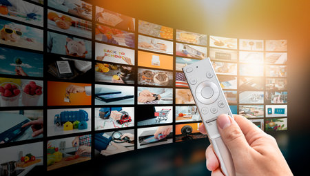 Television streaming, TV broadcasting. Multimedia wall concept.の写真素材