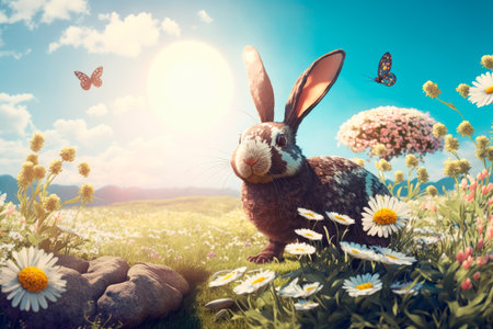 Easter bunny and easter eggs on the green meadow, generative AIの素材