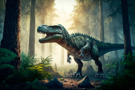 Tyrannosaurus rex dinosaur walking in the Jurassic forest, generative AIの素材