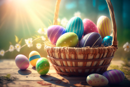 Easter eggs in a basket, generative AIの素材