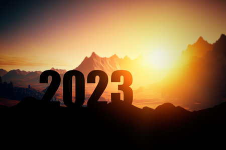 New Year 2023 concept with sunset and mountain view, generative AIの素材