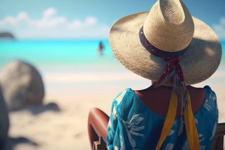 Woman in hat on the beach. Travel concept, generative AI.の素材