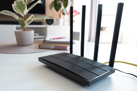 Router with 4 antennas in living room. High speed internet conceptの写真素材