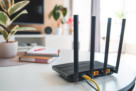 Router with 4 antennas in living room. High speed internet conceptの写真素材
