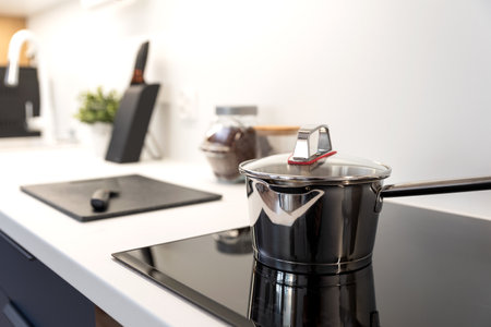 Stainless pan on the hob, cooking on a induction stove, clean cookwareの写真素材