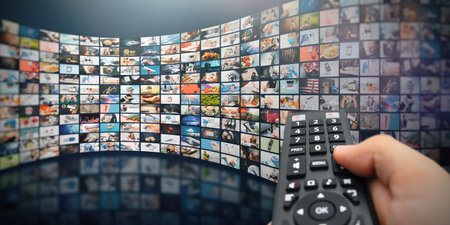 Multimedia video wall television broadcast. Multiple television screens with remote controlの写真素材