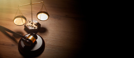 Wooden gavel, weight scale, justice and law concept, copy space wide imageの写真素材