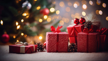 Christmas tree with gifts and decorations, generative AIの素材