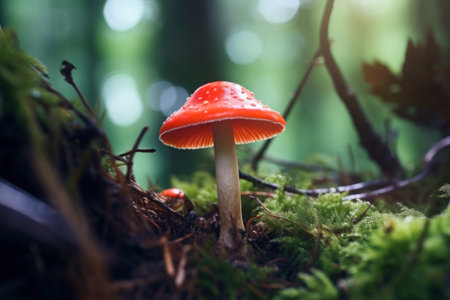 Amanita muscaria fly mushroom close up, generative AIの素材