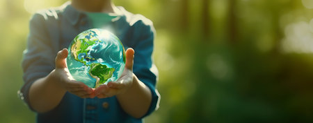 Child holding earth globe. Environment protection, saving the planetの素材