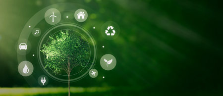 Eco symbols around green tree. Ecology concept, recycling, sustainable energy sources