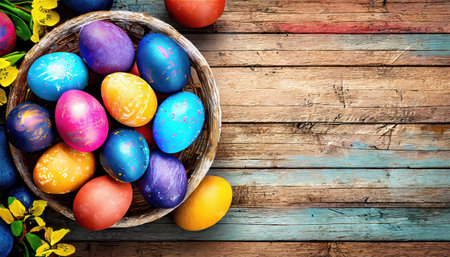 Easter eggs, holiday spring easter concept, top viewの素材