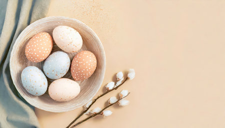 Easter eggs, holiday spring easter concept, top viewの素材