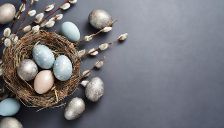 Easter eggs, holiday spring easter concept, top viewの素材