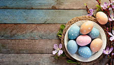 Easter eggs, holiday spring easter concept, top viewの素材