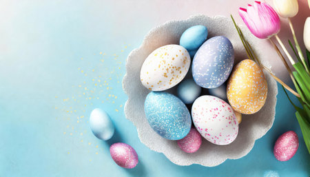 Easter eggs, holiday spring easter concept, top viewの素材