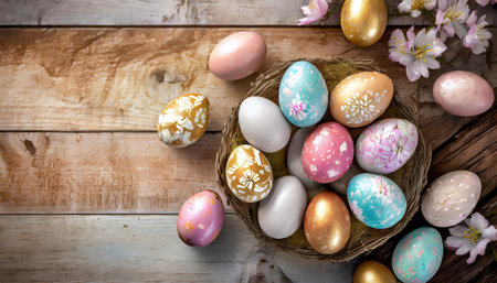 Easter eggs, holiday spring easter concept, top viewの素材