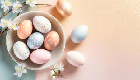 Easter eggs, holiday spring easter concept, top viewの素材