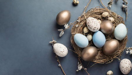 Easter eggs, holiday spring easter concept, top viewの素材