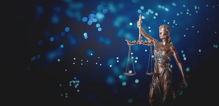 Blind justice symbol on a metallic statue. Law and justice concept, copy spaceの写真素材