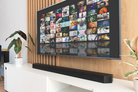 TV streaming media in living room. Multimedia video streaming concept