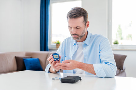 Man measures his blood sugar. Glucometer, blood sample test, diabetes concept.の写真素材