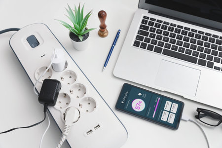 Charging phone, smart power strip. Phone charging concept