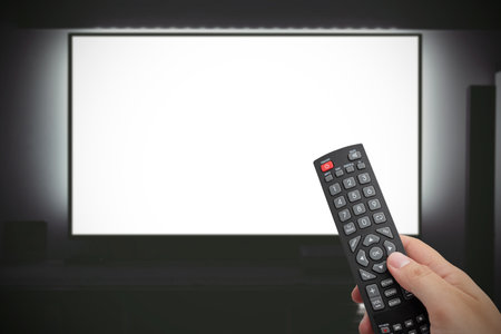Modern living room interior with blank smart TV screenの写真素材