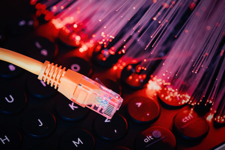 Ethernet cable on computer keyboard. Fast internet concept with optical fiber