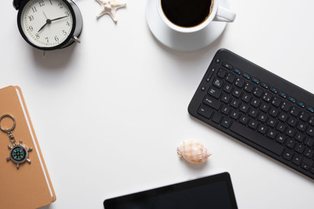 Black keyboard on a table, desk top view, flat lay