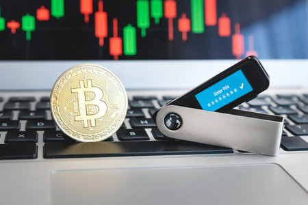 Saving cryptocurrency coins into secure digital wallet. Bitcoin secure walletの写真素材