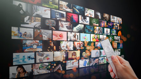 Media concept multiple television screens. Media library streaming service conceptの写真素材