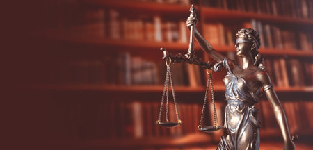 The Statue of Justice symbol in library with lot of books. Legal law conceptの写真素材