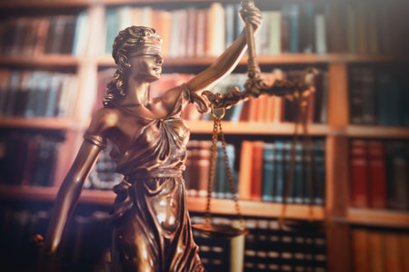 The Statue of Justice symbol in library with lot of books. Legal law conceptの写真素材