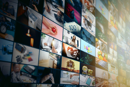 Media concept video wall with small screens, streaming service or VOD concept