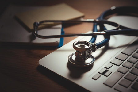 Stethoscope on laptop keyboard, telehealth, telemedicine conceptの写真素材