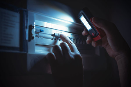 Investigate a home fuse box during a power outage. Blackout concept