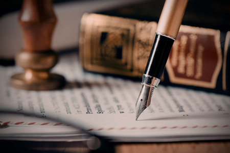 Law, notary background theme. Fountain pen and handmade paper on desk