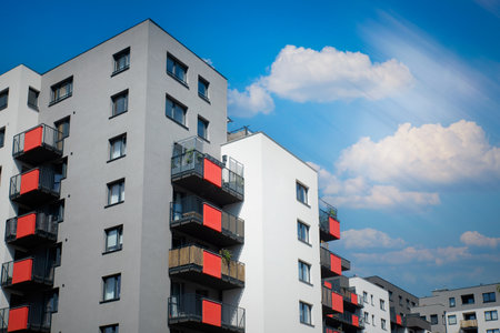 Modern apartment buildings in residential area. Luxury condominium apartments in a newly built neighborhoodの写真素材