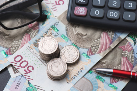 Polish money, a stack of coins, Polish banknotesの写真素材