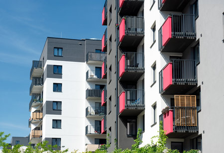 Modern apartment buildings in residential area. Luxury condominium apartments in a newly built neighborhoodの写真素材