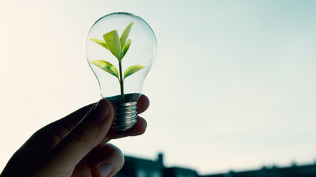 Sustainable development, renewable energy sources. Man is holding a bulb with a plant insideの写真素材