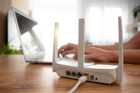 Person connecting modern wi-fi router on light table in living room