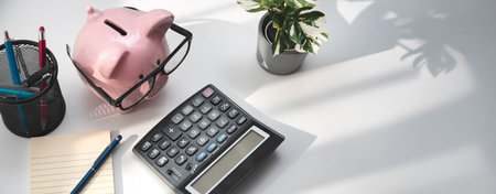 Smart piggy bank wearing glasses, using calculator, calculating financesの写真素材