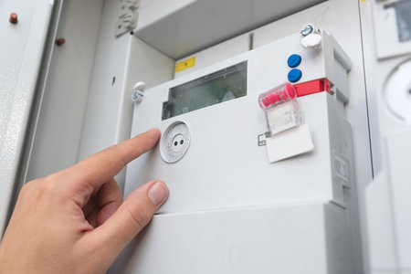 Electric energy meter measuring power usage. Energy bills conceptの写真素材