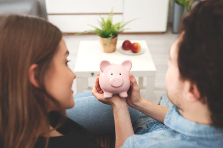 Home budget, family finance with piggy bankの写真素材