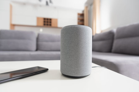 Smart speaker device in living room. Intelligent assistant in smart home system.の写真素材