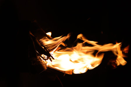 Fire flames with sparks on a black background. Close-up.